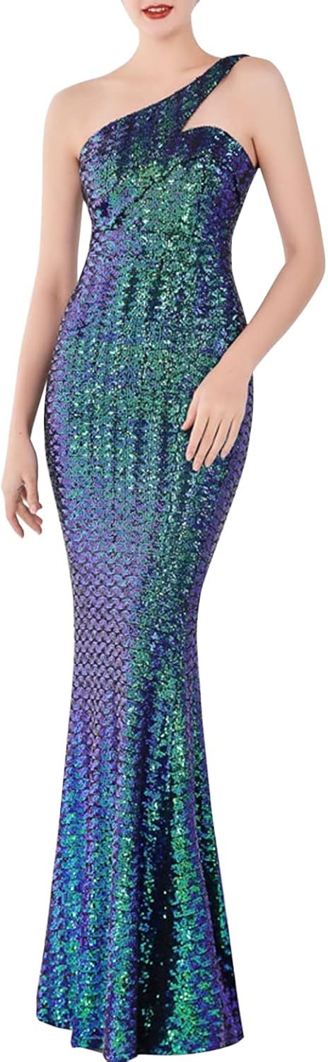 Madam Uniq One Shoulder Formal Dresses Elegant Evening Gowns for Women Sequins Maxi Dress