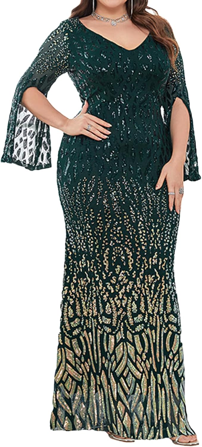 Madam Uniq Women Long Sleeve Plus Size 1920s Sequin Dress Gatsby Formal Maxi Wedding Cocktail Evening Gown