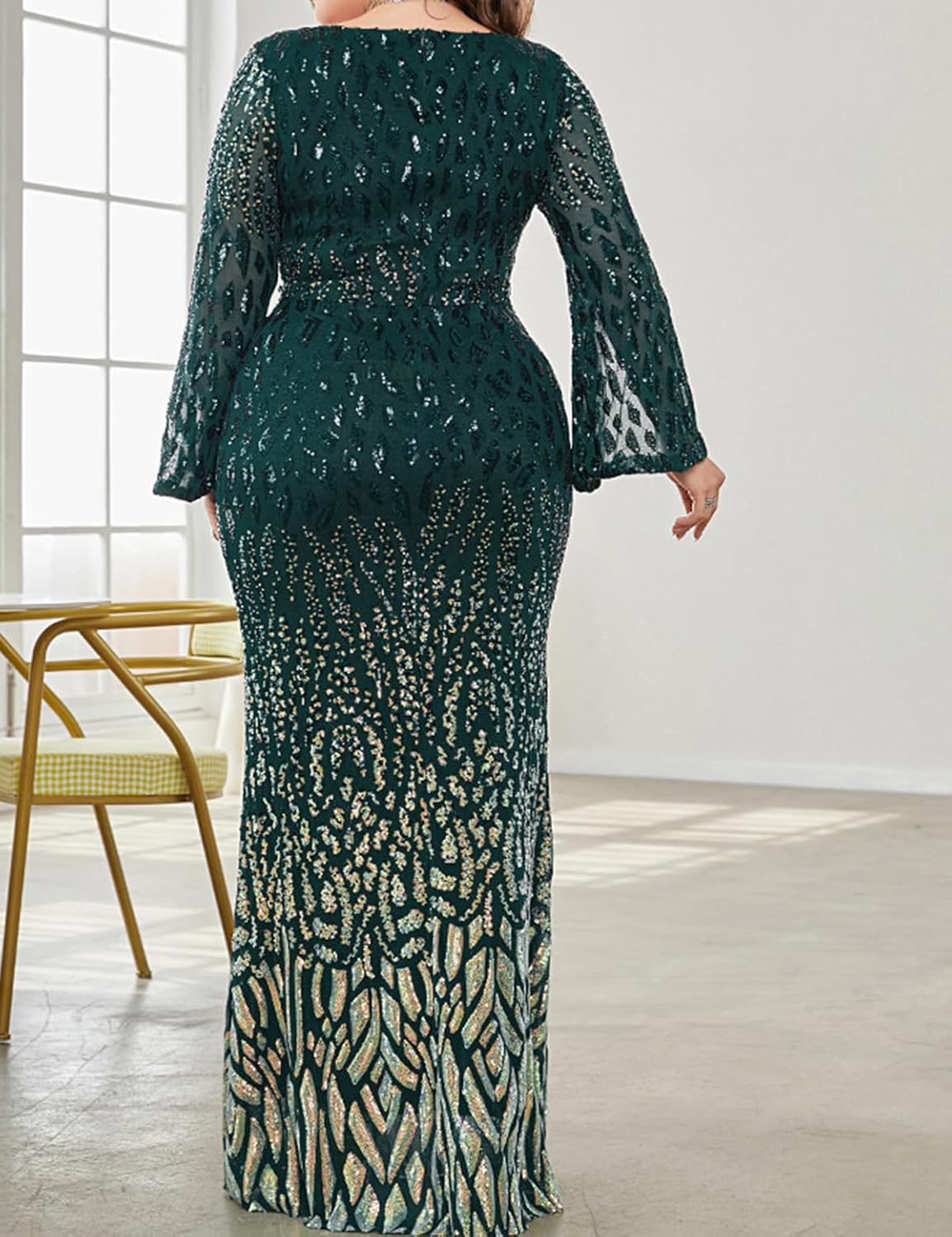 Madam Uniq Women Long Sleeve Plus Size 1920s Sequin Dress Gatsby Formal Maxi Wedding Cocktail Evening Gown - Image 2