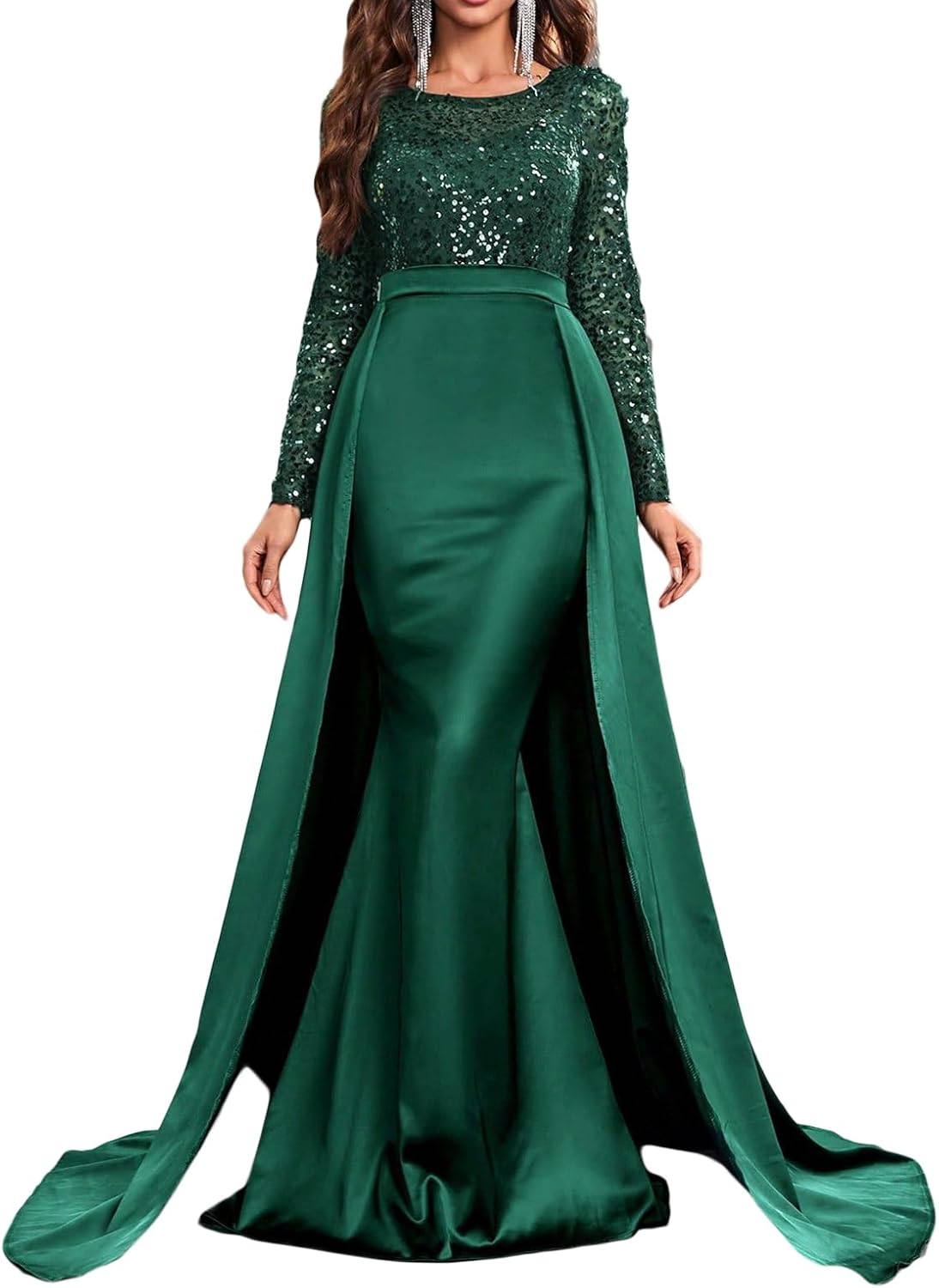 Madam Uniq Women Long Sleeve Round Neck Sequin Elegant Evening Gown Satin Maxi 1920s Formal Cocktail Party Dress - Image 7