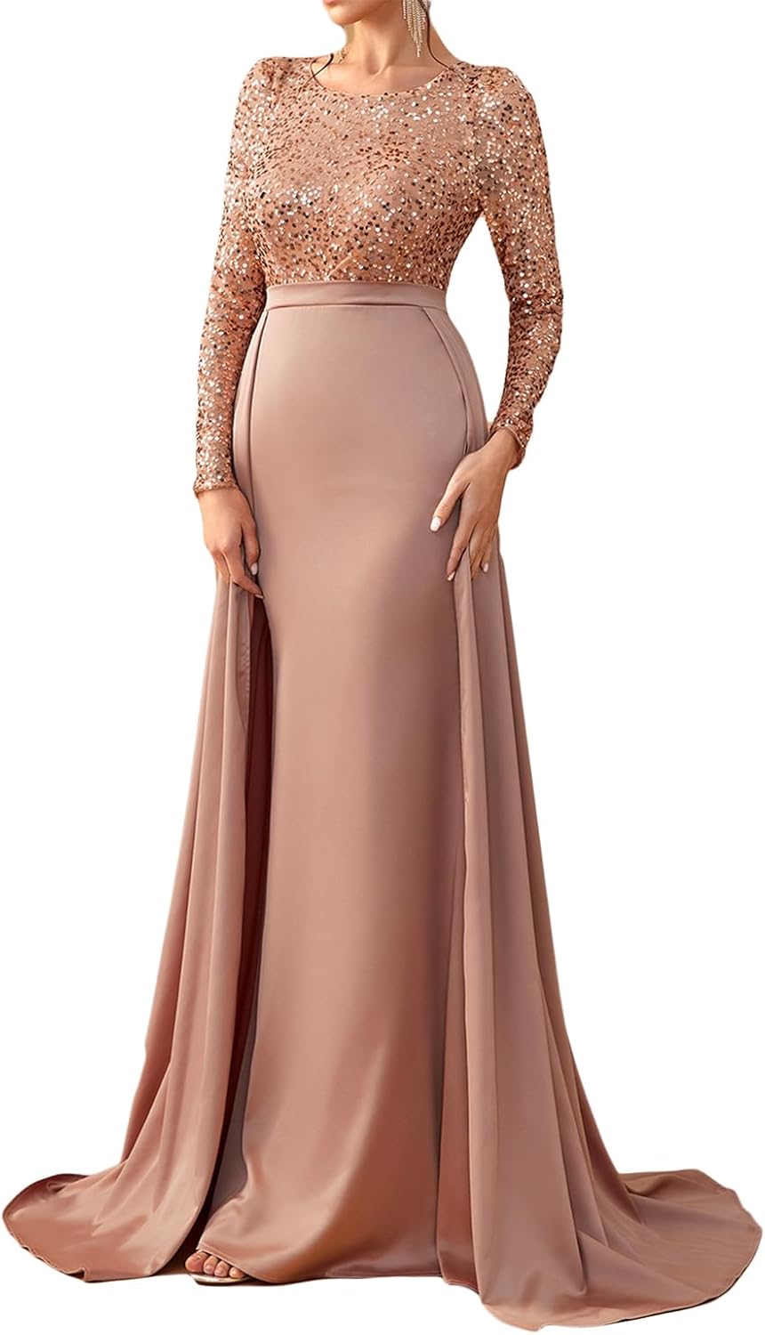 Madam Uniq Women Long Sleeve Round Neck Sequin Elegant Evening Gown Satin Maxi 1920s Formal Cocktail Party Dress - Image 6