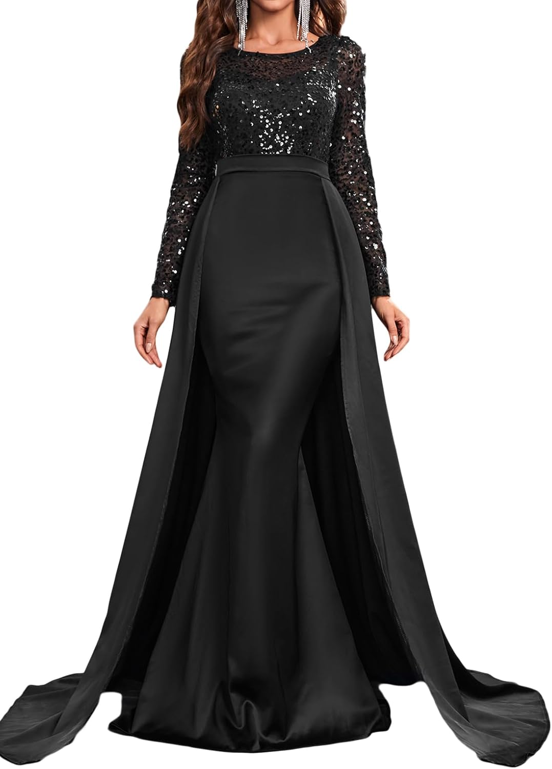Madam Uniq Women Long Sleeve Round Neck Sequin Elegant Evening Gown Satin Maxi 1920s Formal Cocktail Party Dress - Image 8
