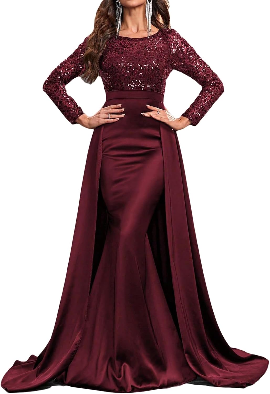 Madam Uniq Women Long Sleeve Round Neck Sequin Elegant Evening Gown Satin Maxi 1920s Formal Cocktail Party Dress - Image 5