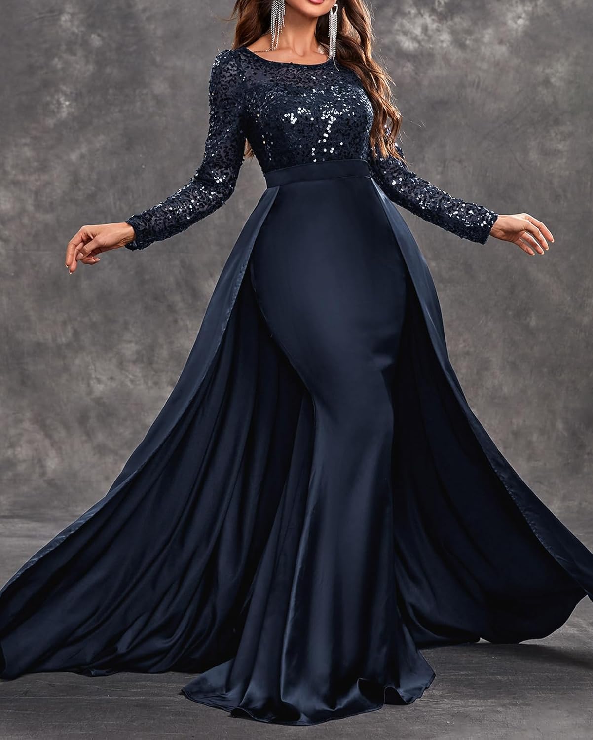 Madam Uniq Women Long Sleeve Round Neck Sequin Elegant Evening Gown Satin Maxi 1920s Formal Cocktail Party Dress - Image 3