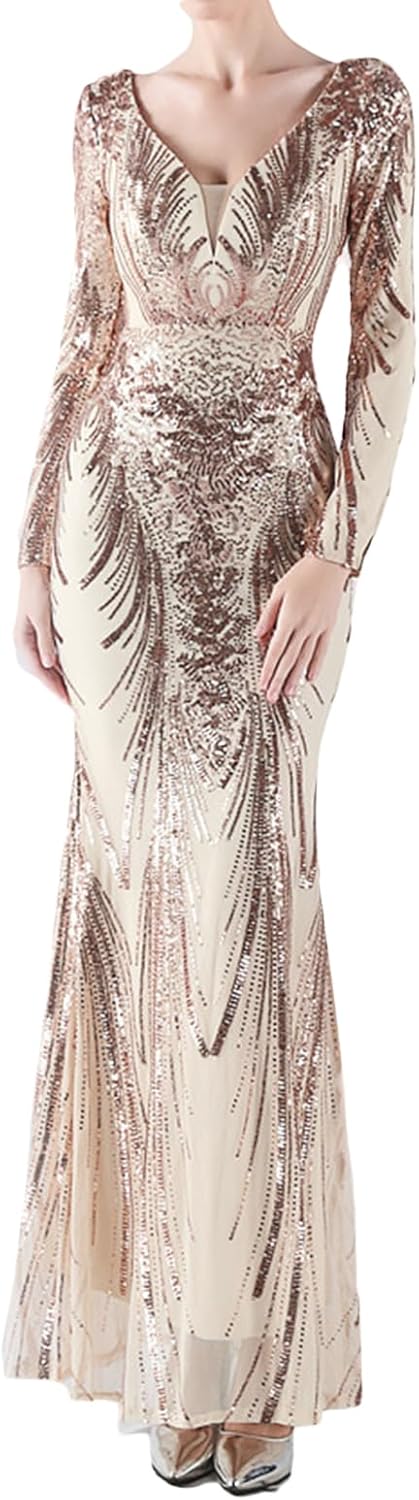 Madam Uniq Women Long Sleeve V Neck Sequin Evening Gown Maxi Club Beach Formal Wedding Cocktail Party Dress - Image 4