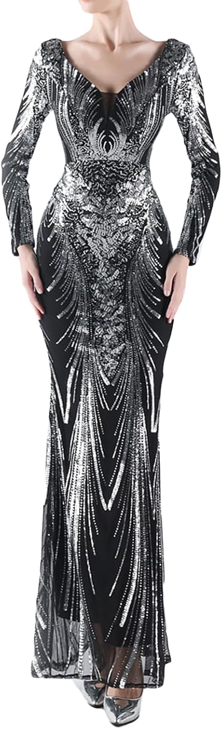 Madam Uniq Women Long Sleeve V Neck Sequin Evening Gown Maxi Club Beach Formal Wedding Cocktail Party Dress - Image 6