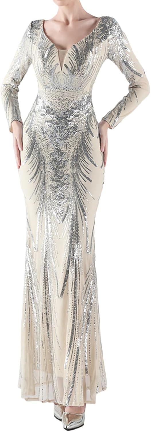 Madam Uniq Women Long Sleeve V Neck Sequin Evening Gown Maxi Club Beach Formal Wedding Cocktail Party Dress - Image 3