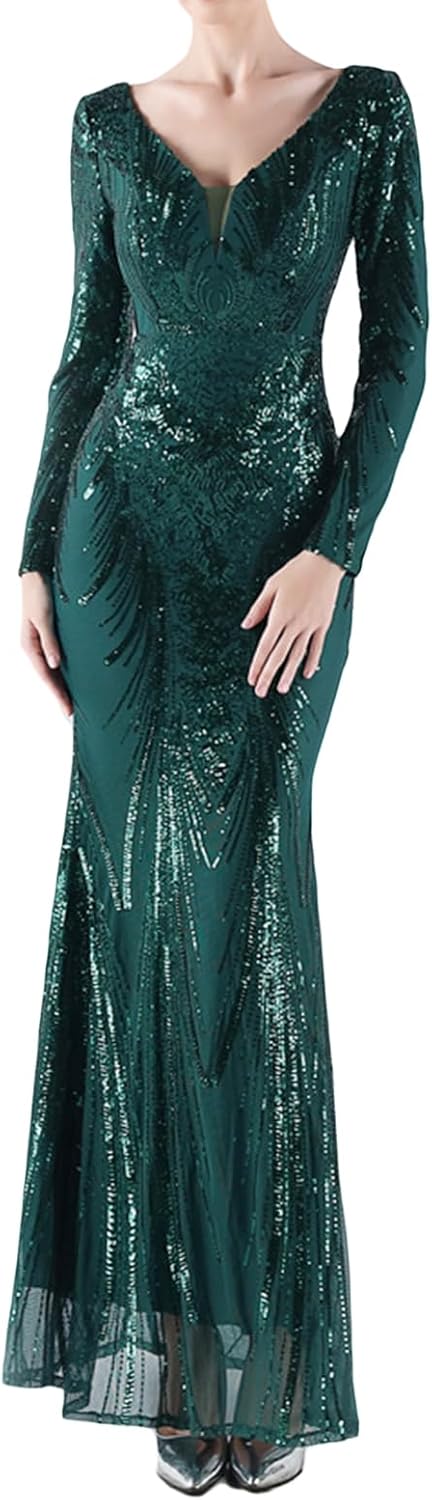 Madam Uniq Women Long Sleeve V Neck Sequin Evening Gown Maxi Club Beach Formal Wedding Cocktail Party Dress - Image 7