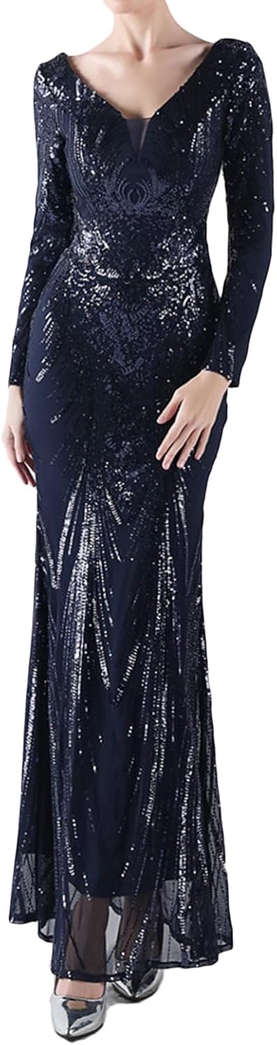 Madam Uniq Women Long Sleeve V Neck Sequin Evening Gown Maxi Club Beach Formal Wedding Cocktail Party Dress