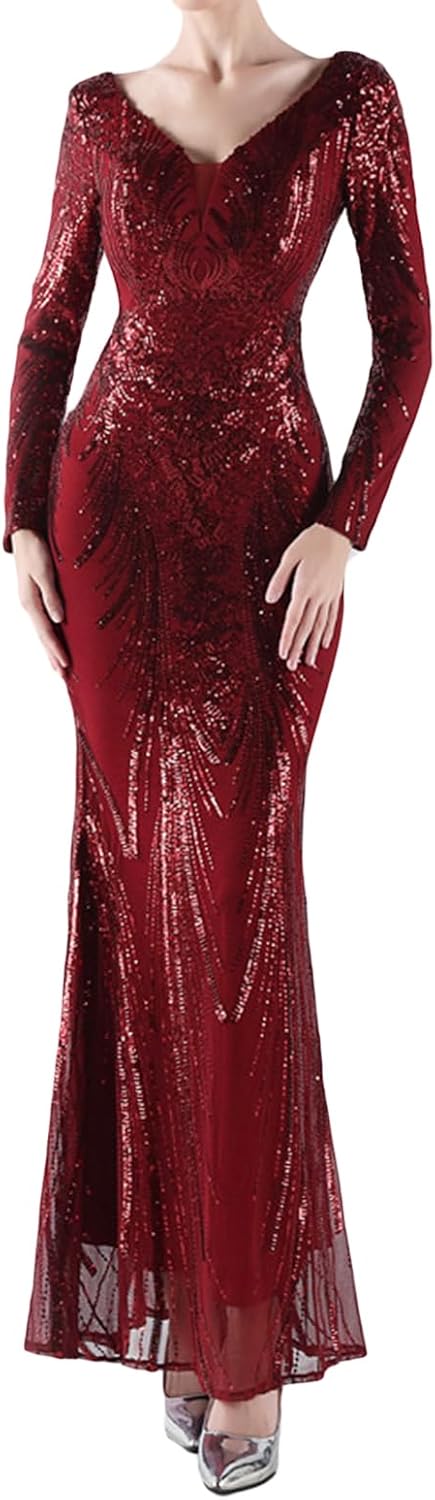 Madam Uniq Women Long Sleeve V Neck Sequin Evening Gown Maxi Club Beach Formal Wedding Cocktail Party Dress - Image 2