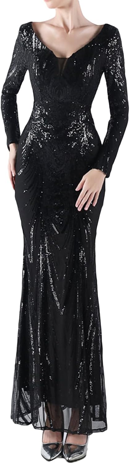 Madam Uniq Women Long Sleeve V Neck Sequin Evening Gown Maxi Club Beach Formal Wedding Cocktail Party Dress - Image 5