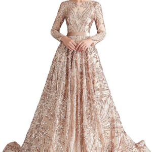 Maricopyjam Women's Luxury Sequins Long Sleeve Jewel Long Prom Evening Dresses
