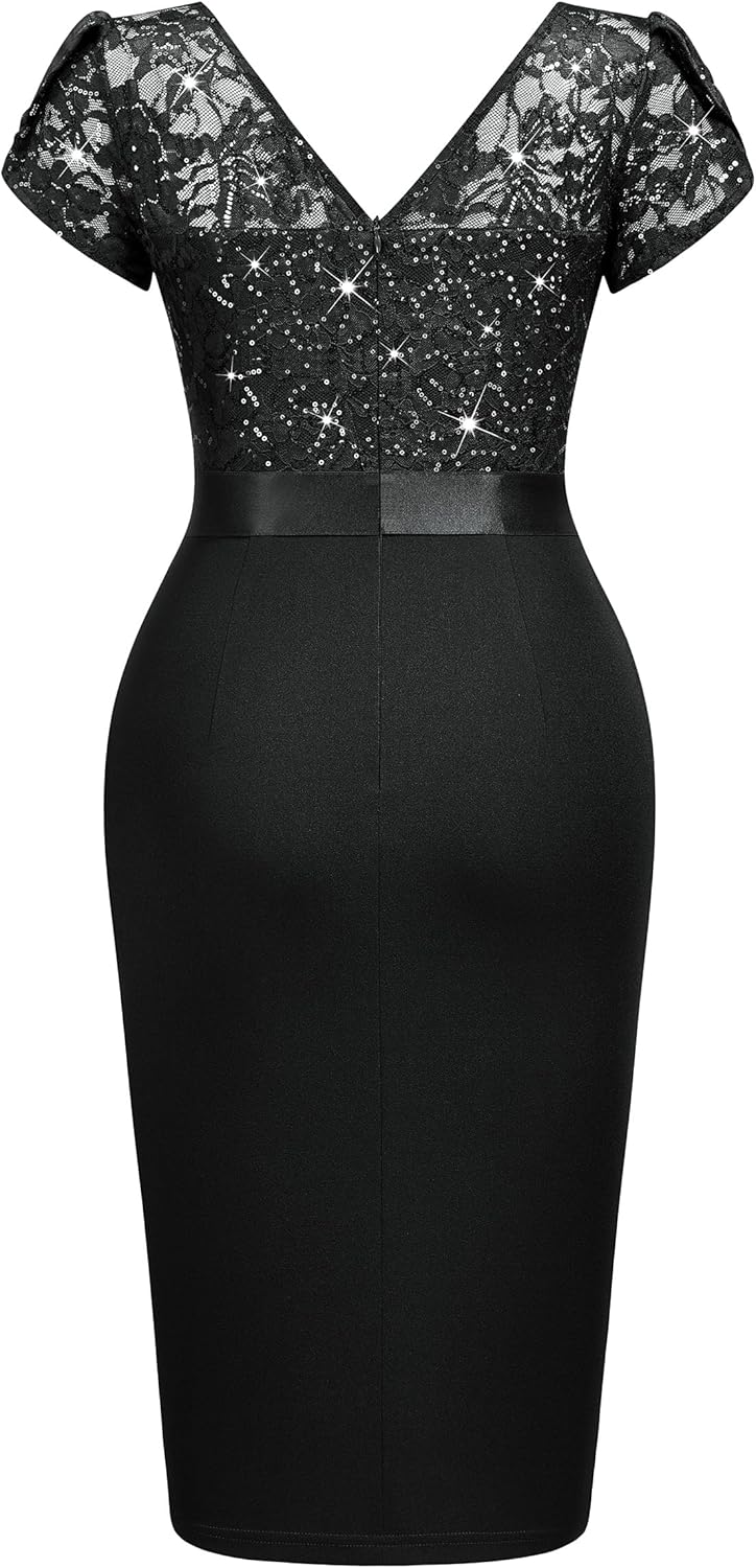 Miusol Women's Classy V-Neck Glitter Sequin Lace Cap Sleeve Cocktail Party Dress - Image 6