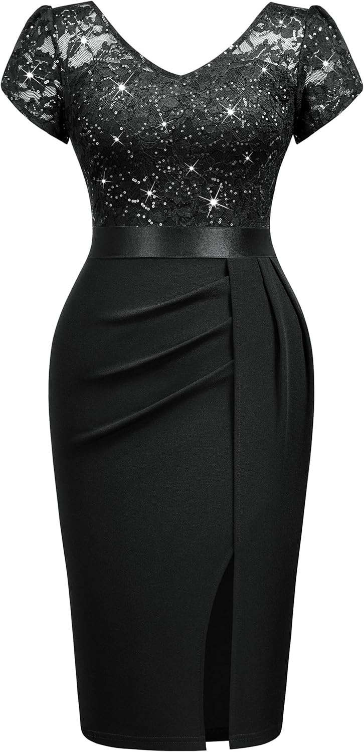 Miusol Women's Classy V-Neck Glitter Sequin Lace Cap Sleeve Cocktail Party Dress - Image 5
