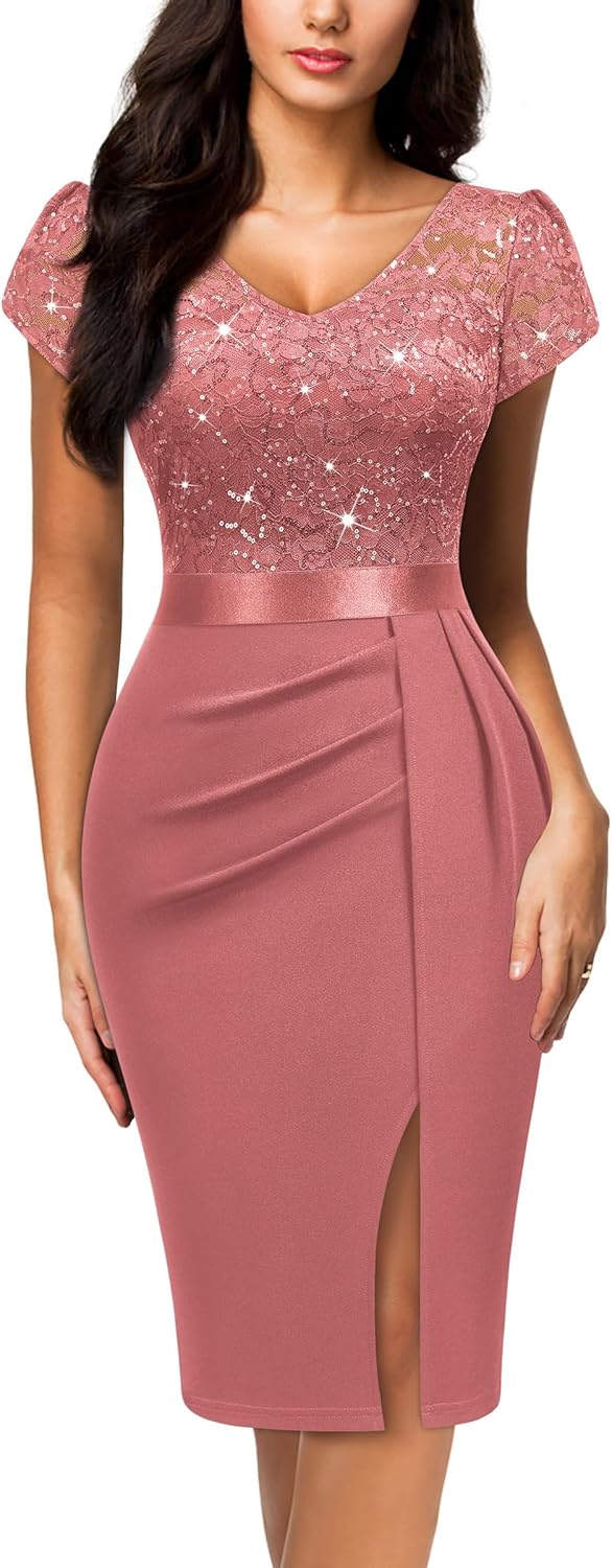 Miusol Women's Classy V-Neck Glitter Sequin Lace Cap Sleeve Cocktail Party Dress - Image 11