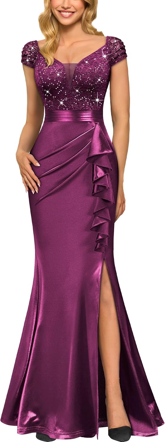 Miusol Women's Vintage V-Neck Slim Style Ruffle Split Evening Formal Maxi Dress - Image 8