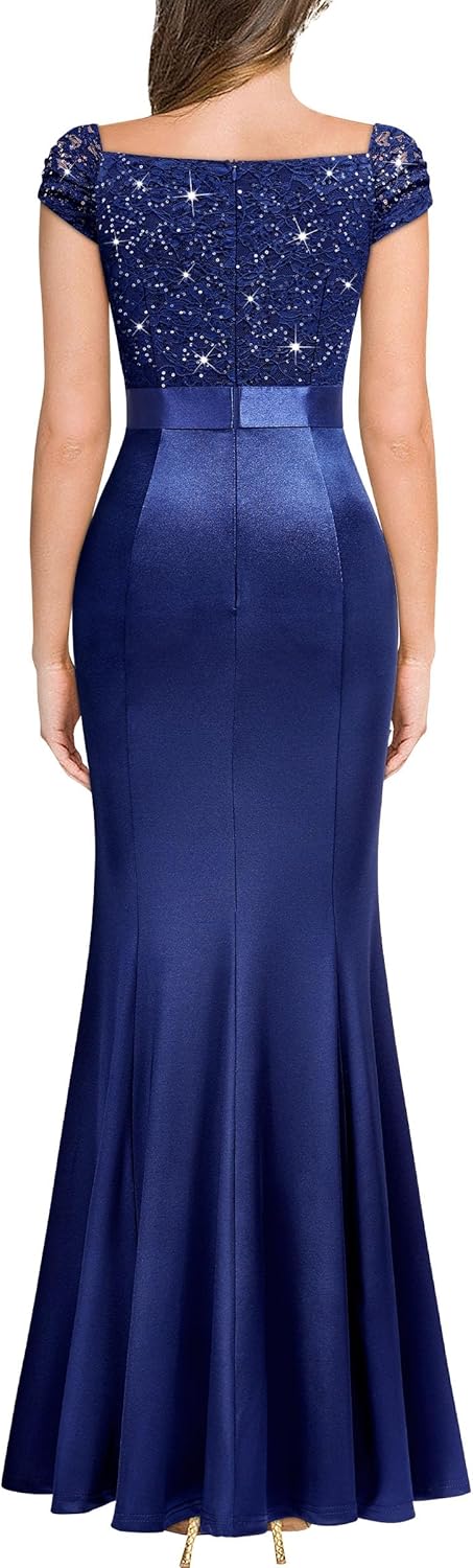 Miusol Women's Vintage V-Neck Slim Style Ruffle Split Evening Formal Maxi Dress - Image 2