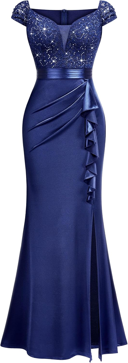 Miusol Women's Vintage V-Neck Slim Style Ruffle Split Evening Formal Maxi Dress - Image 3