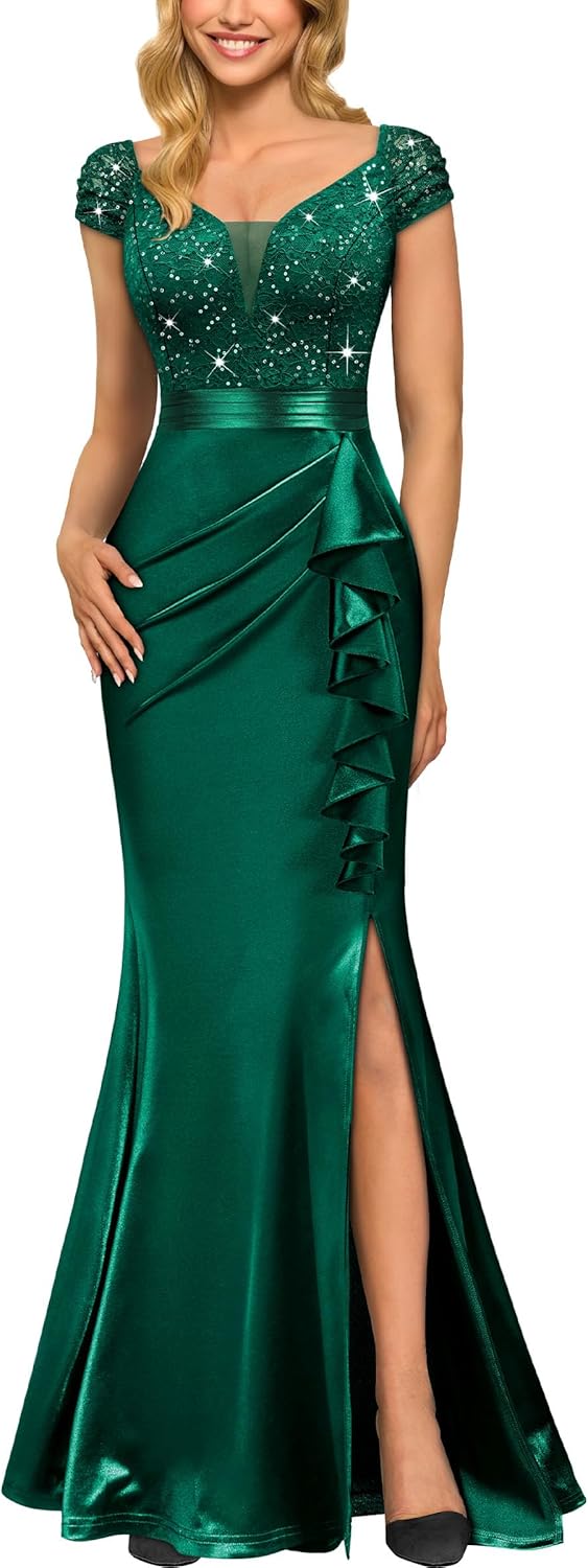 Miusol Women's Vintage V-Neck Slim Style Ruffle Split Evening Formal Maxi Dress - Image 10
