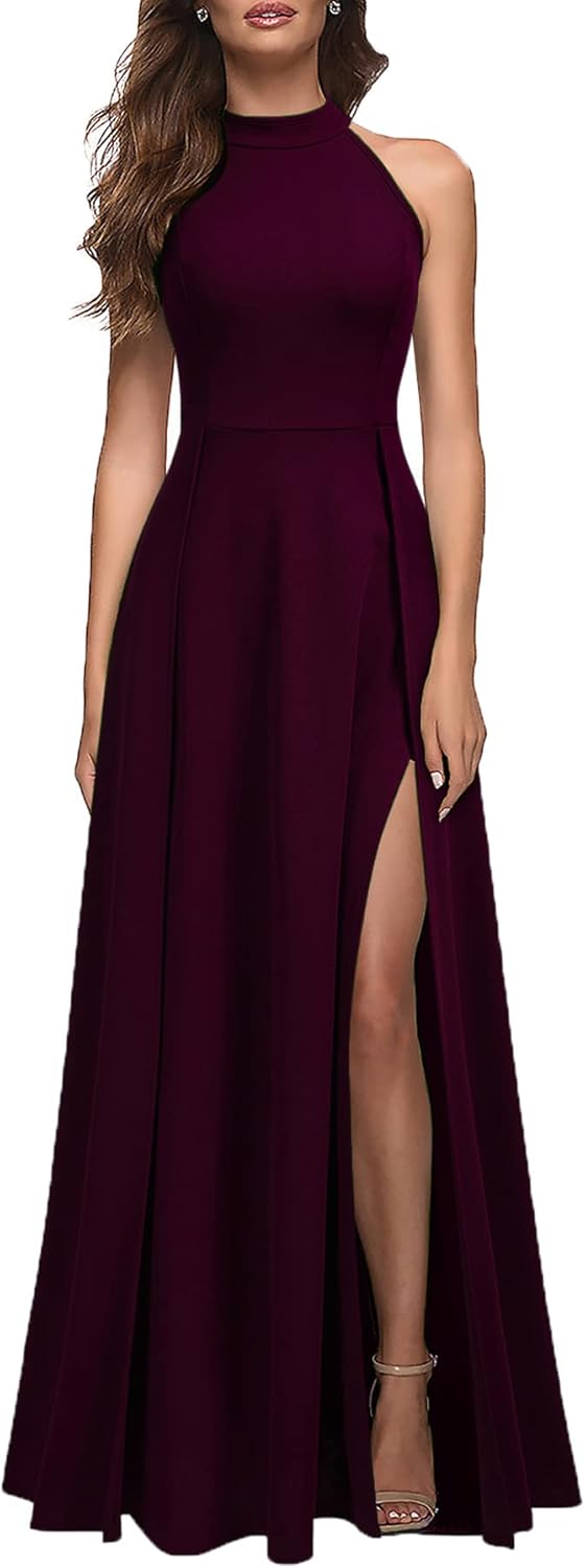 MUSHARE Women's Halter Neck Sexy Split Cocktail Party Maxi Long Formal Dress