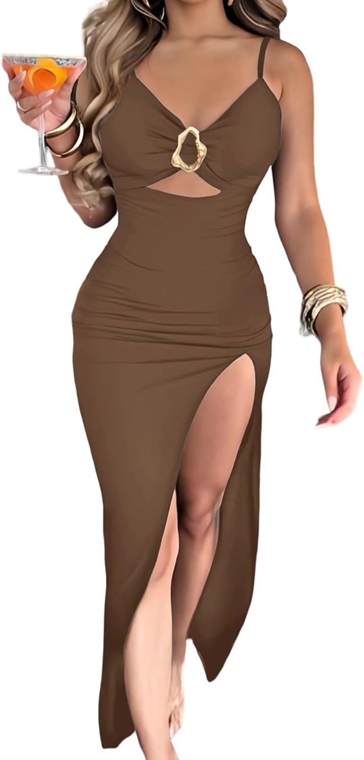 Ninimour Women Bodycon Dress High Slit Cut-Out Midi Dress Metal Ring Decor V-Neck Spaghetti Straps Cocktail Party Dress - Image 3