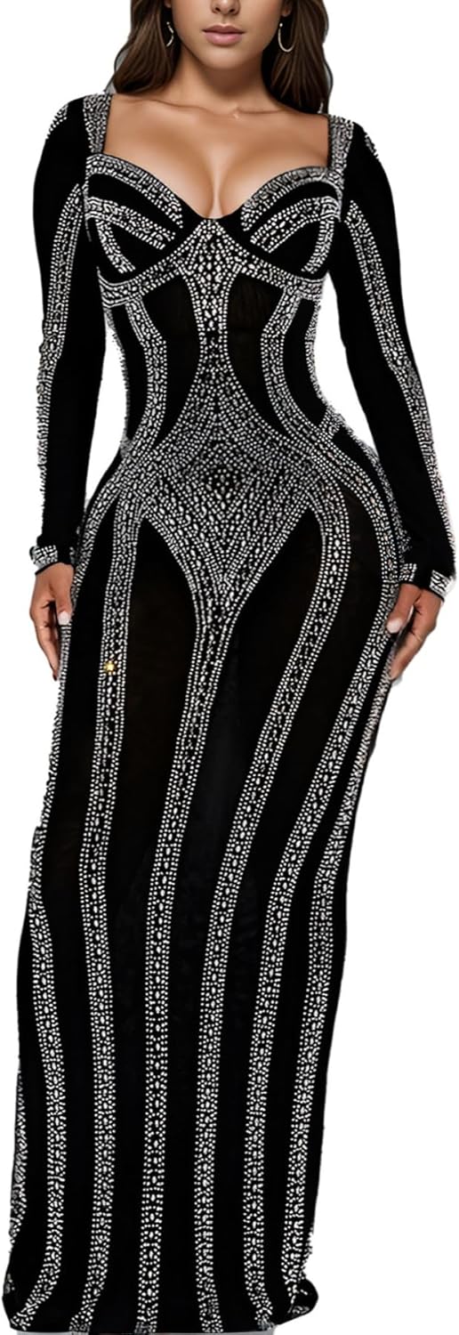 PORRCEY Women's Sexy Elegant Rhinestone Sleeveless Party Club Night Hot Drilling Clubwear Evening Dresses - Image 40