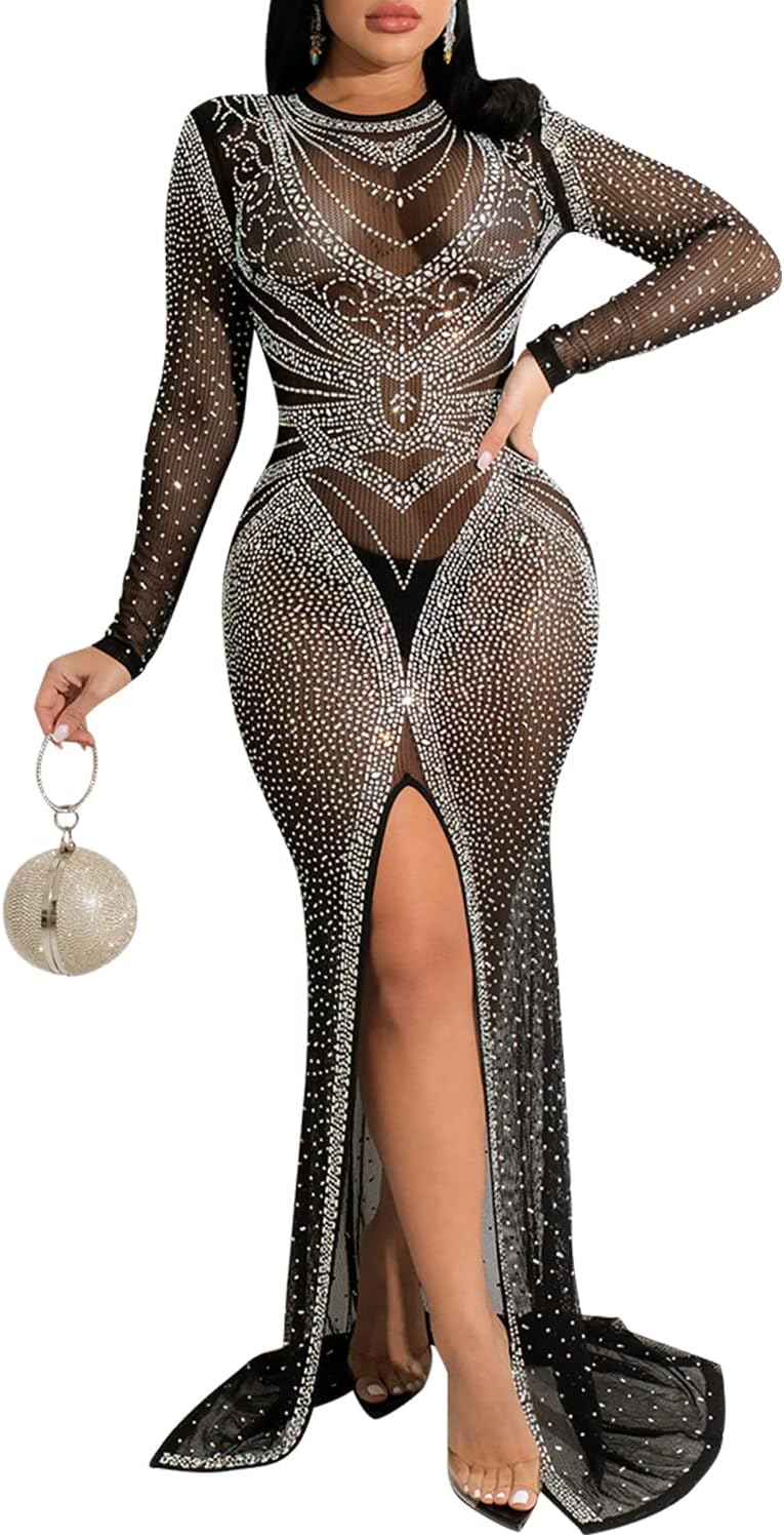 PORRCEY Women's Sexy Elegant Rhinestone Sleeveless Party Club Night Hot Drilling Clubwear Evening Dresses - Image 45