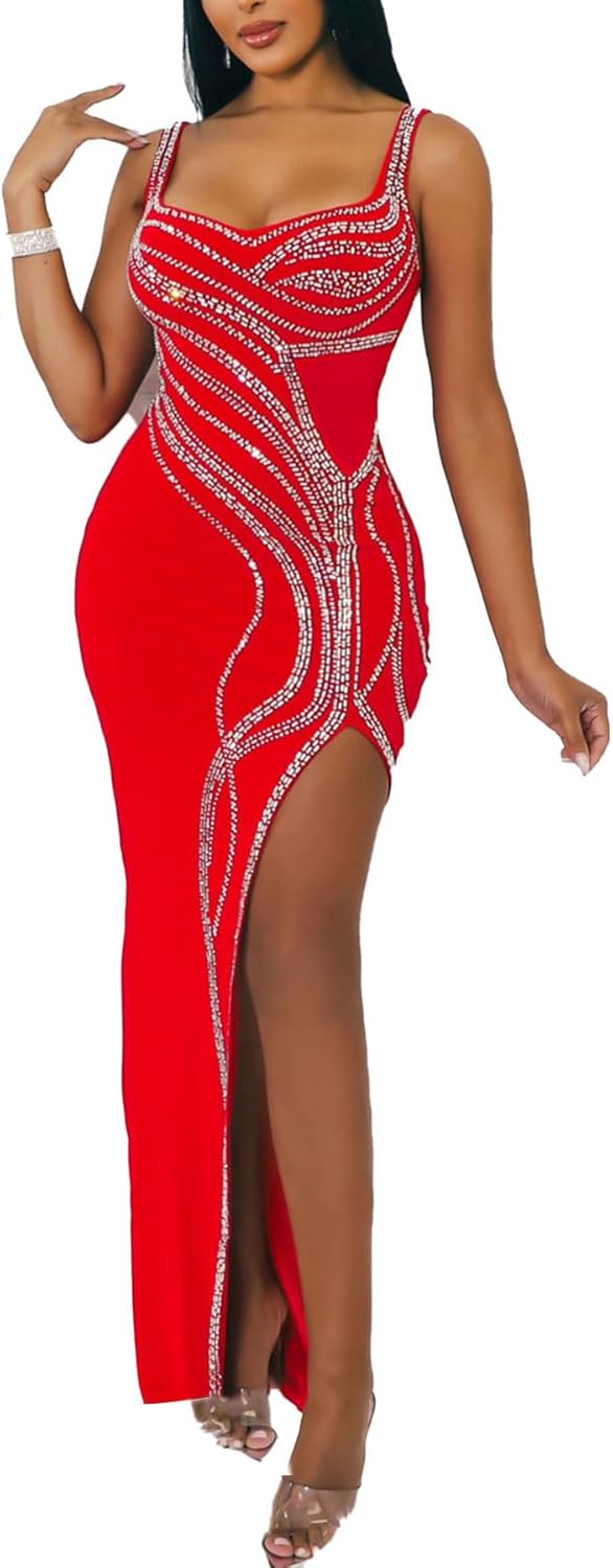 PORRCEY Women's Sexy Elegant Rhinestone Sleeveless Party Club Night Hot Drilling Clubwear Evening Dresses - Image 29