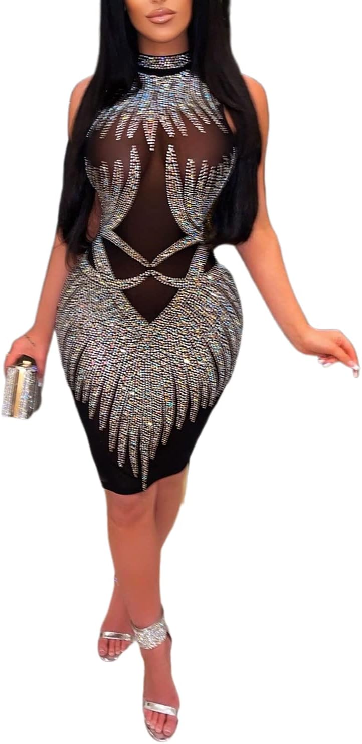 PORRCEY Women's Sexy Elegant Rhinestone Sleeveless Party Club Night Hot Drilling Clubwear Evening Dresses - Image 24