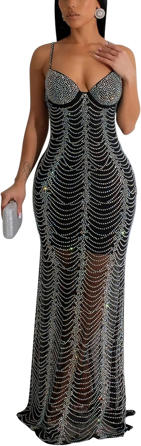 PORRCEY Women's Sexy Elegant Rhinestone Sleeveless Party Club Night Hot Drilling Clubwear Evening Dresses - Image 6