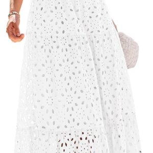 PRETTYGARDEN Summer Dresses for Women 2025 Eyelet Square Neck Puff Sleeve Smocked Wedding Guest Maxi Dress with Pockets