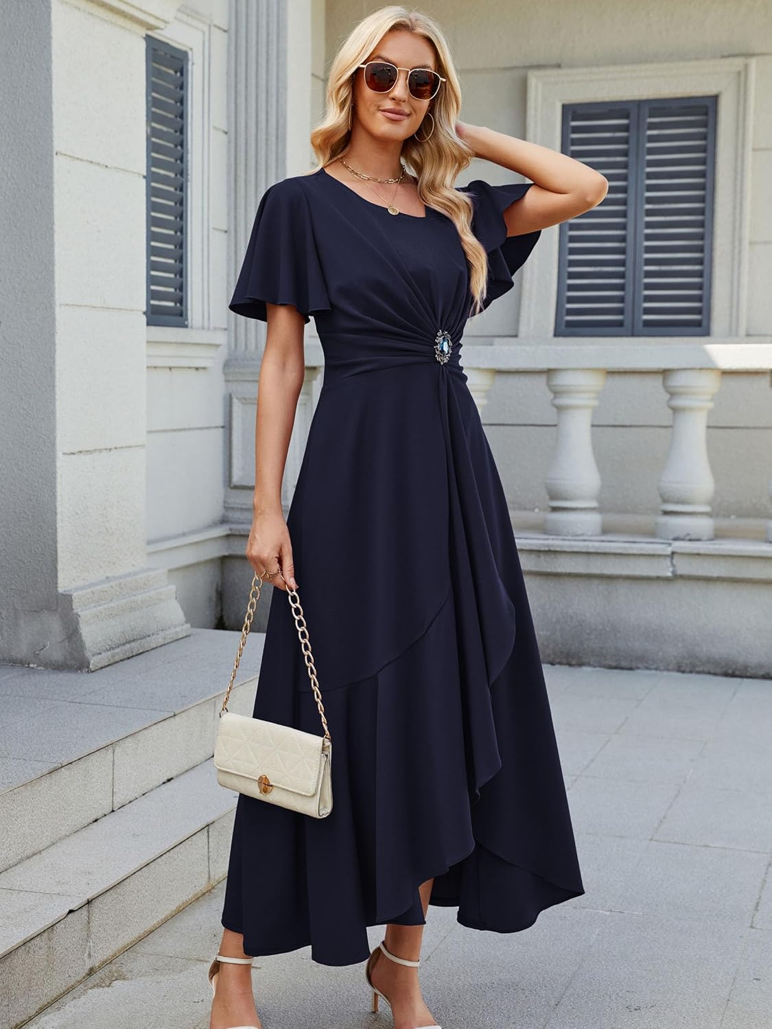 QMZ Wedding Guest Dresses for Women Have Pockets Cocktail Dress Ruffle Sleeve A Line Evening Party Formal Dresses for Women - Image 2