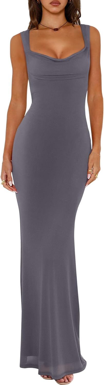 REORIA Women's Summer Cowl Neck Mesh Sleeveless Tank Dress Sexy Double Lined Bodycon Maxi Long Dresses