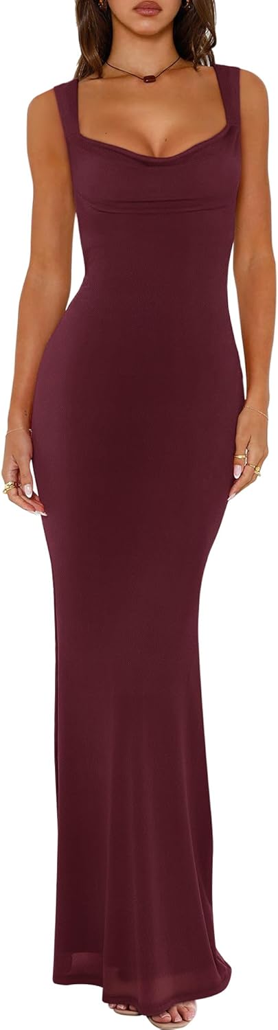 REORIA Women's Summer Cowl Neck Mesh Sleeveless Tank Dress Sexy Double Lined Bodycon Maxi Long Dresses - Image 7