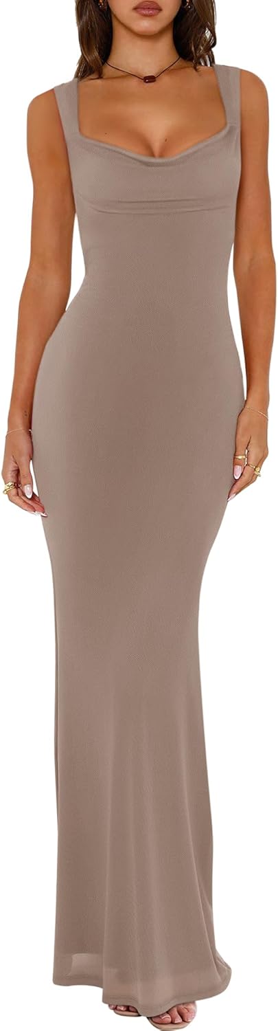 REORIA Women's Summer Cowl Neck Mesh Sleeveless Tank Dress Sexy Double Lined Bodycon Maxi Long Dresses - Image 8