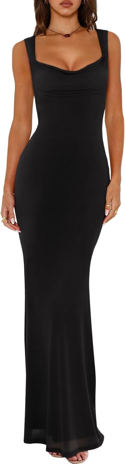 REORIA Women's Summer Cowl Neck Mesh Sleeveless Tank Dress Sexy Double Lined Bodycon Maxi Long Dresses - Image 9