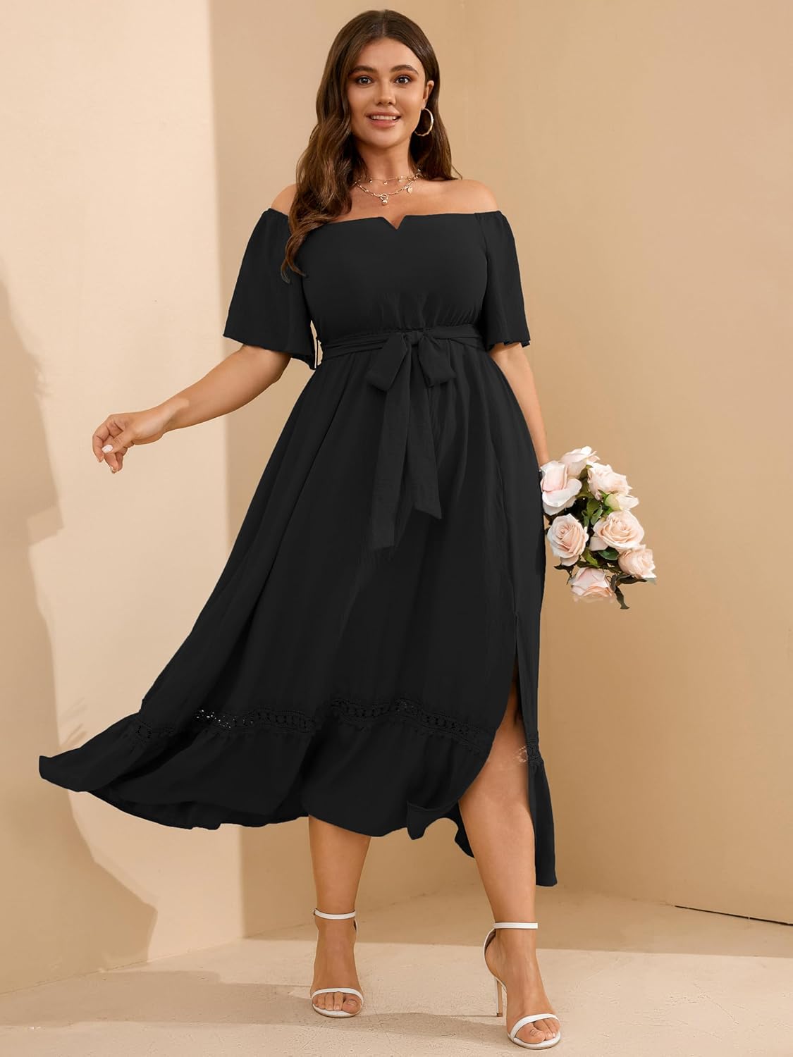 RWJ Women's Plus Size Dress for Cocktail Wedding Guest Formal V Neck Off The Shoulder Maxi Dress with Belt - Image 6