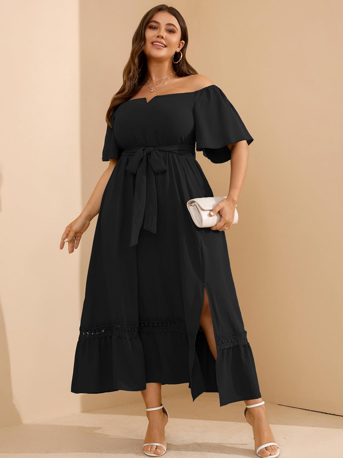 RWJ Women's Plus Size Dress for Cocktail Wedding Guest Formal V Neck Off The Shoulder Maxi Dress with Belt - Image 2