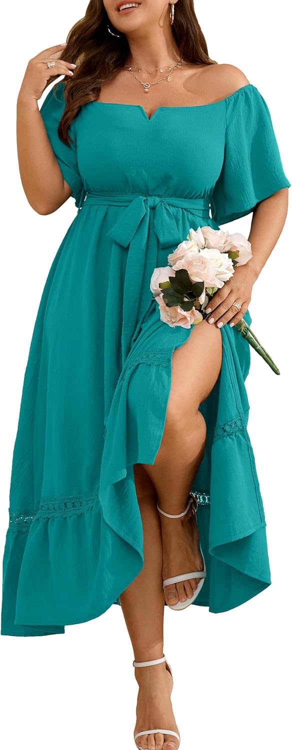 RWJ Women's Plus Size Dress for Cocktail Wedding Guest Formal V Neck Off The Shoulder Maxi Dress with Belt - Image 15