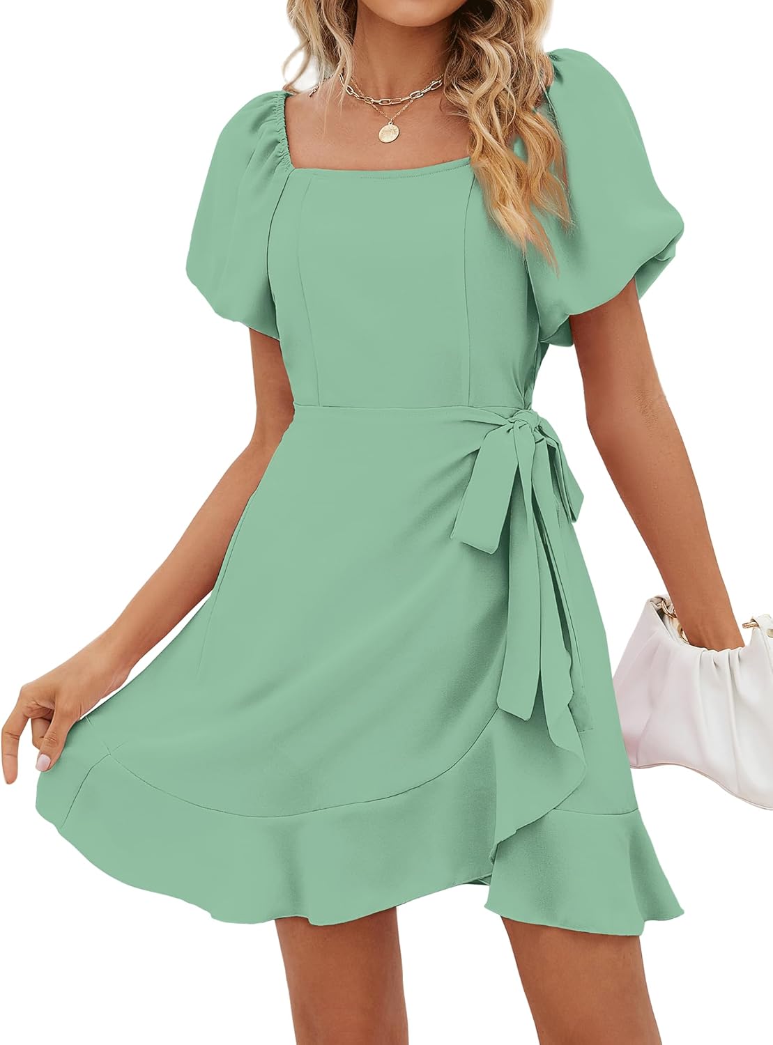 SAMPEEL Womens Summer Dresses Square Neck Puff Sleeve Tie Waist Short Dress - Image 6