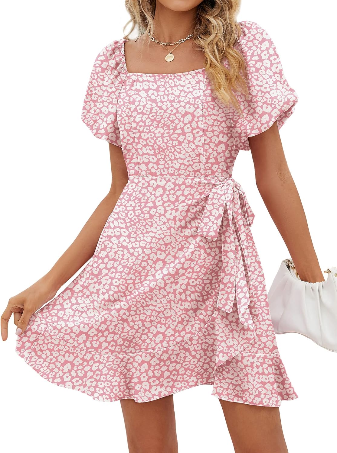 SAMPEEL Womens Summer Dresses Square Neck Puff Sleeve Tie Waist Short Dress - Image 15