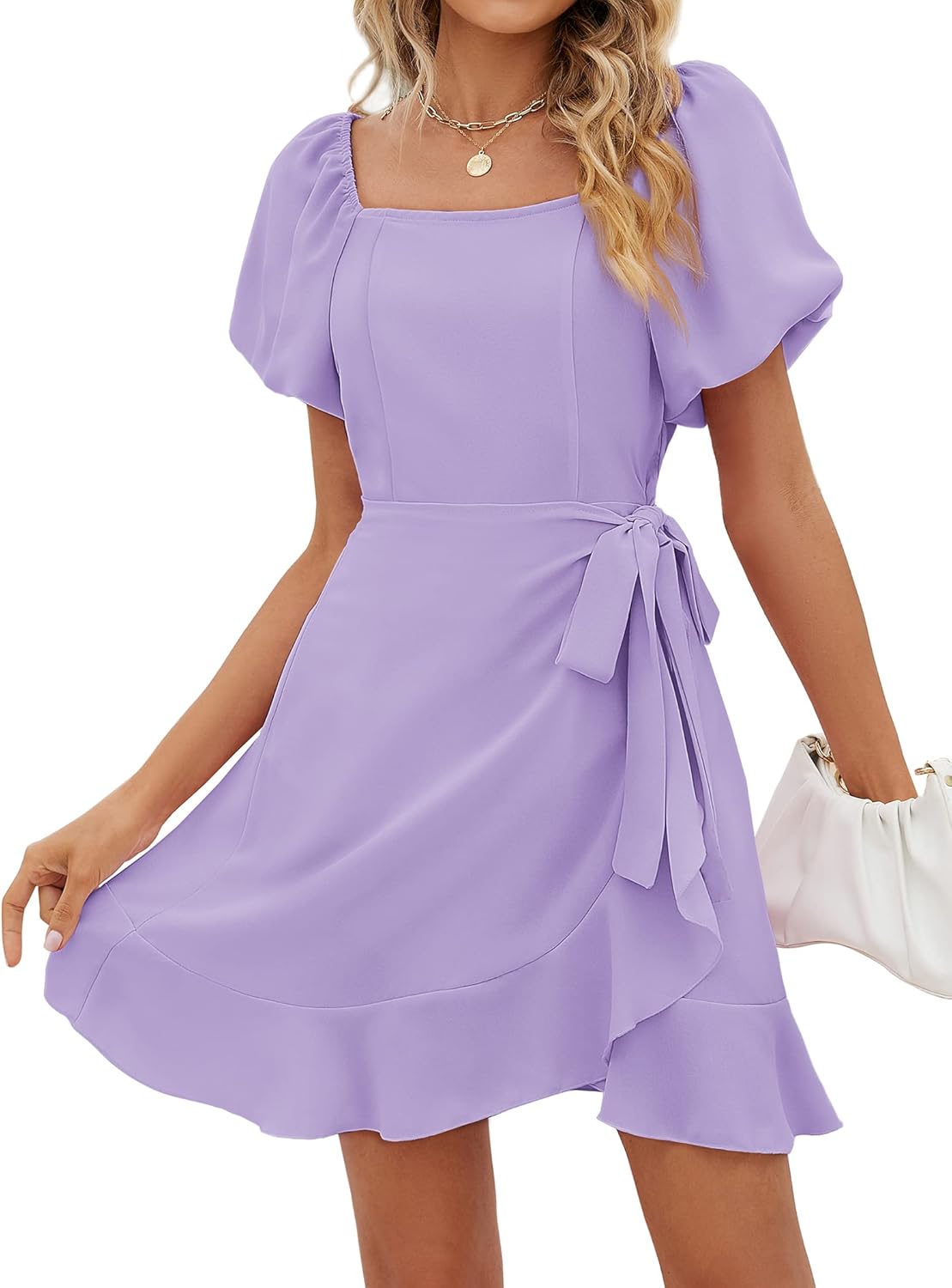 SAMPEEL Womens Summer Dresses Square Neck Puff Sleeve Tie Waist Short Dress - Image 7