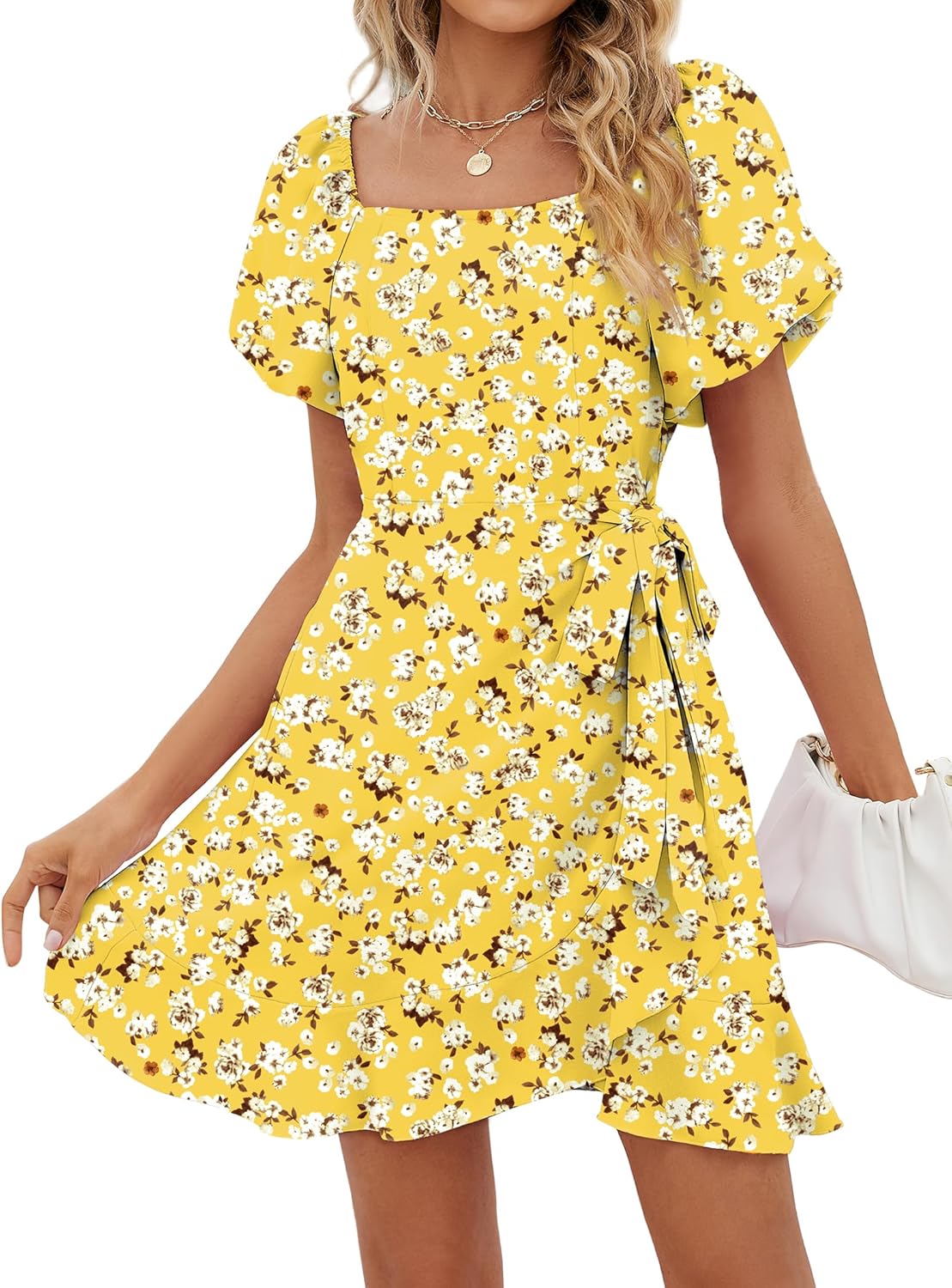 SAMPEEL Womens Summer Dresses Square Neck Puff Sleeve Tie Waist Short Dress - Image 10