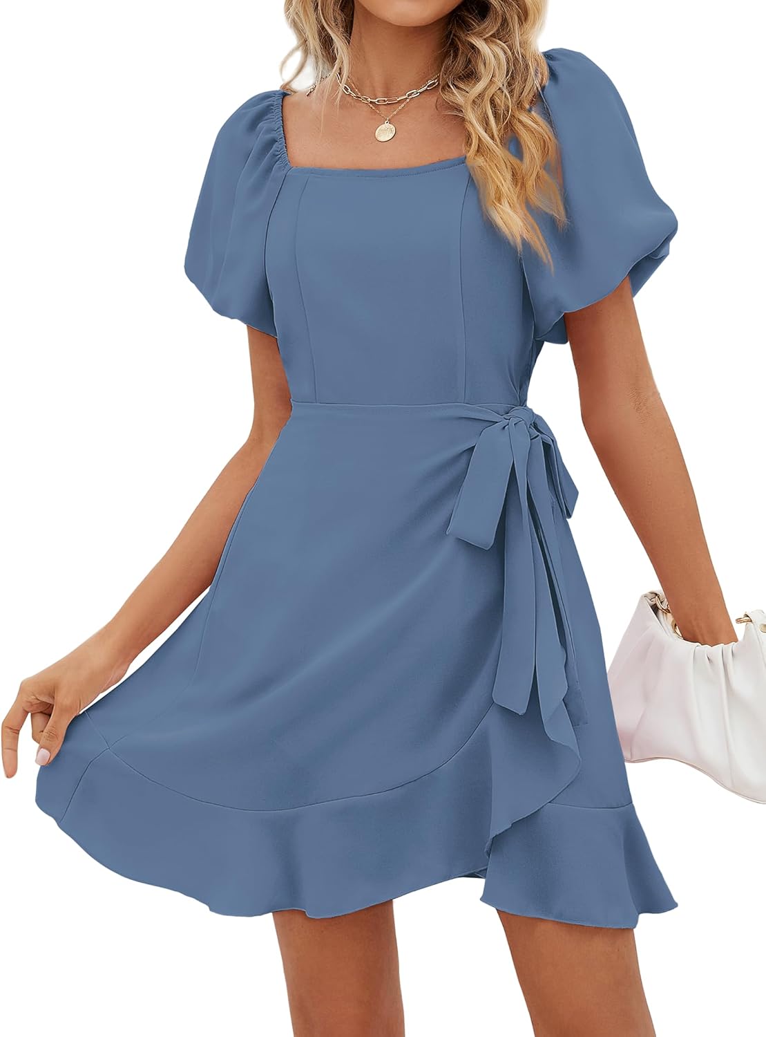 SAMPEEL Womens Summer Dresses Square Neck Puff Sleeve Tie Waist Short Dress - Image 19