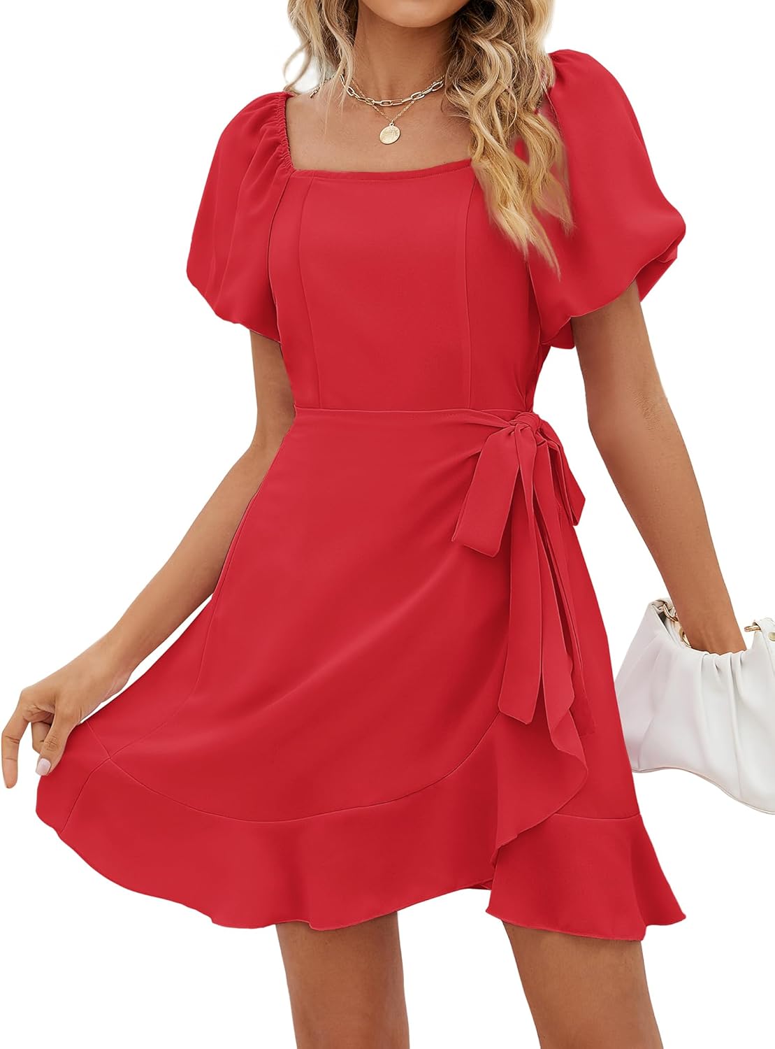 SAMPEEL Womens Summer Dresses Square Neck Puff Sleeve Tie Waist Short Dress - Image 11