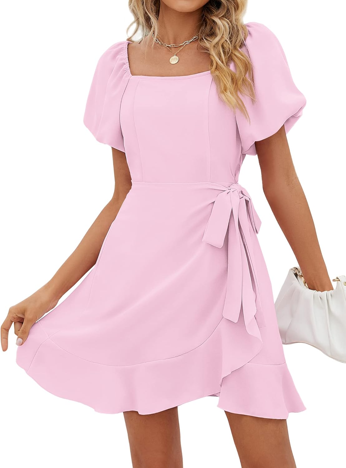 SAMPEEL Womens Summer Dresses Square Neck Puff Sleeve Tie Waist Short Dress - Image 5