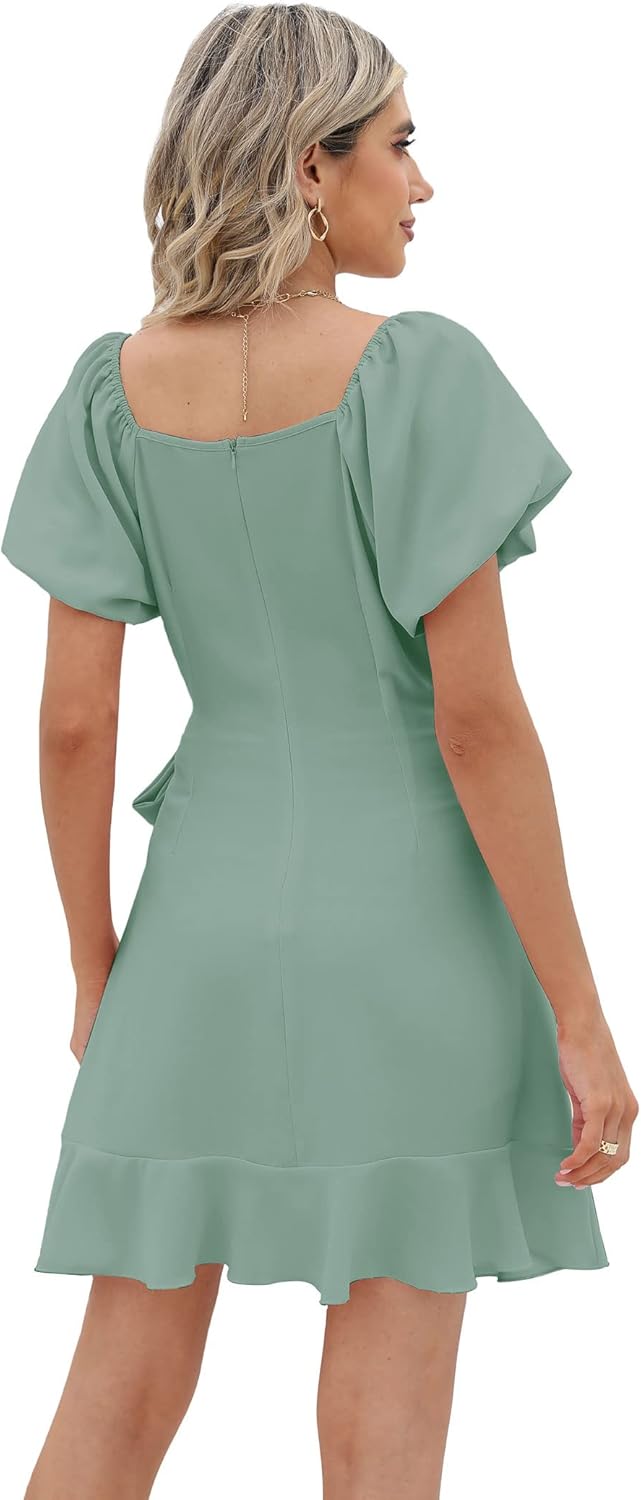 SAMPEEL Womens Summer Dresses Square Neck Puff Sleeve Tie Waist Short Dress - Image 4