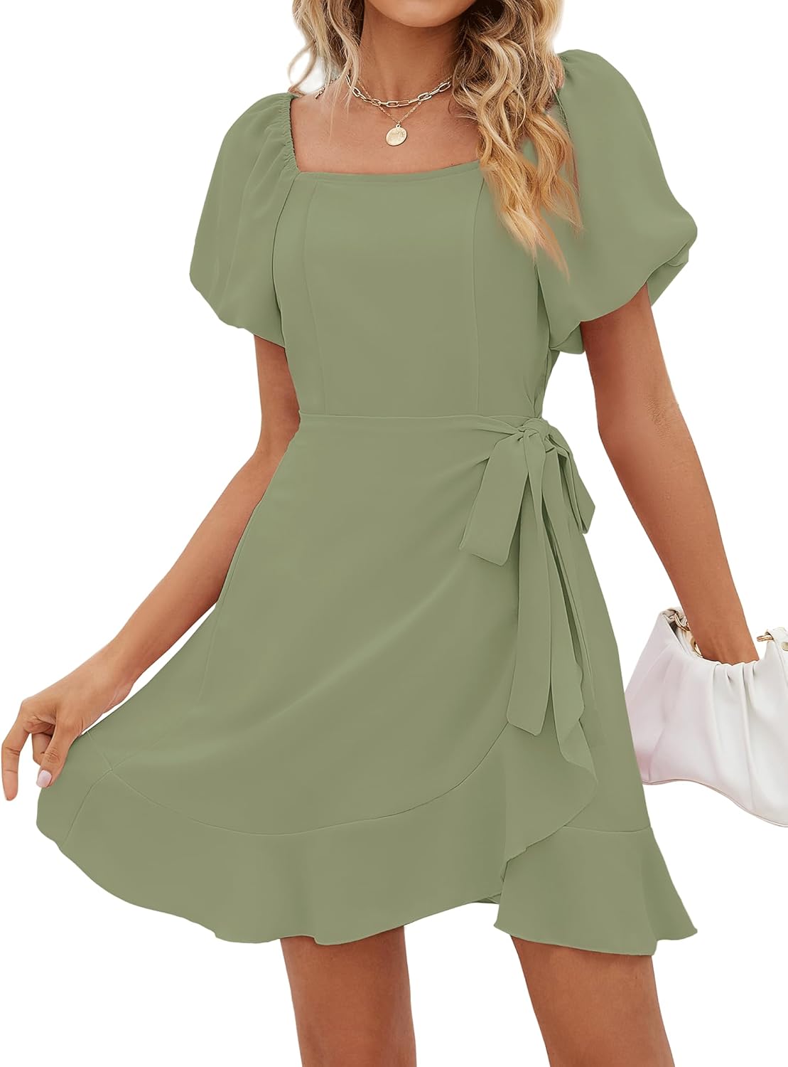 SAMPEEL Womens Summer Dresses Square Neck Puff Sleeve Tie Waist Short Dress - Image 16