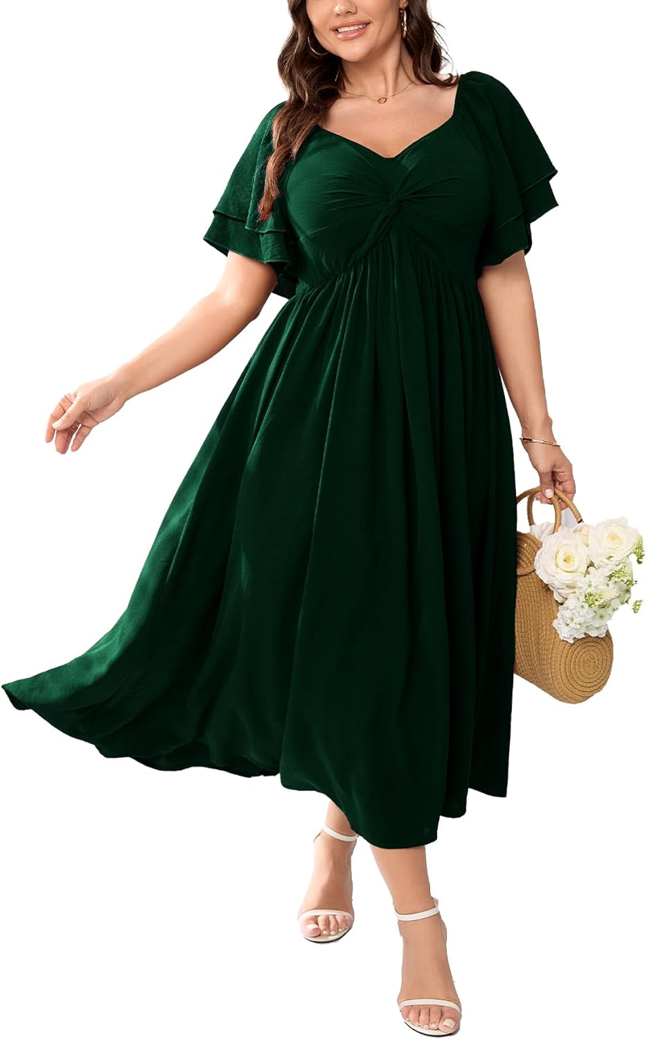 SCOMCHIC Women's Plus Size Wedding Guest Cocktail Dresses Sweetheart Neckline Ruffle Sleeve A Line Maxi Dress - Image 2