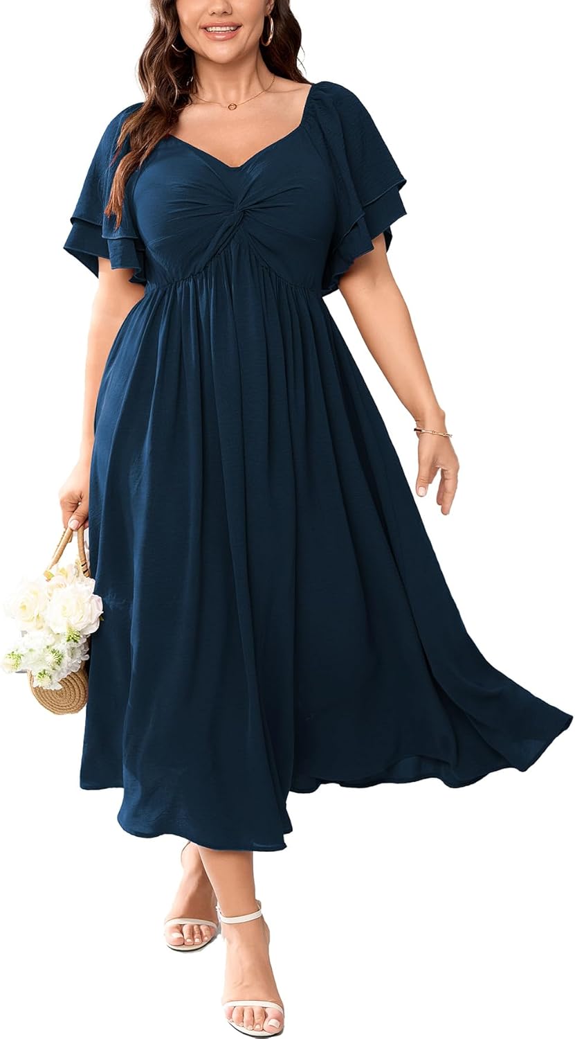 SCOMCHIC Women's Plus Size Wedding Guest Cocktail Dresses Sweetheart Neckline Ruffle Sleeve A Line Maxi Dress - Image 12